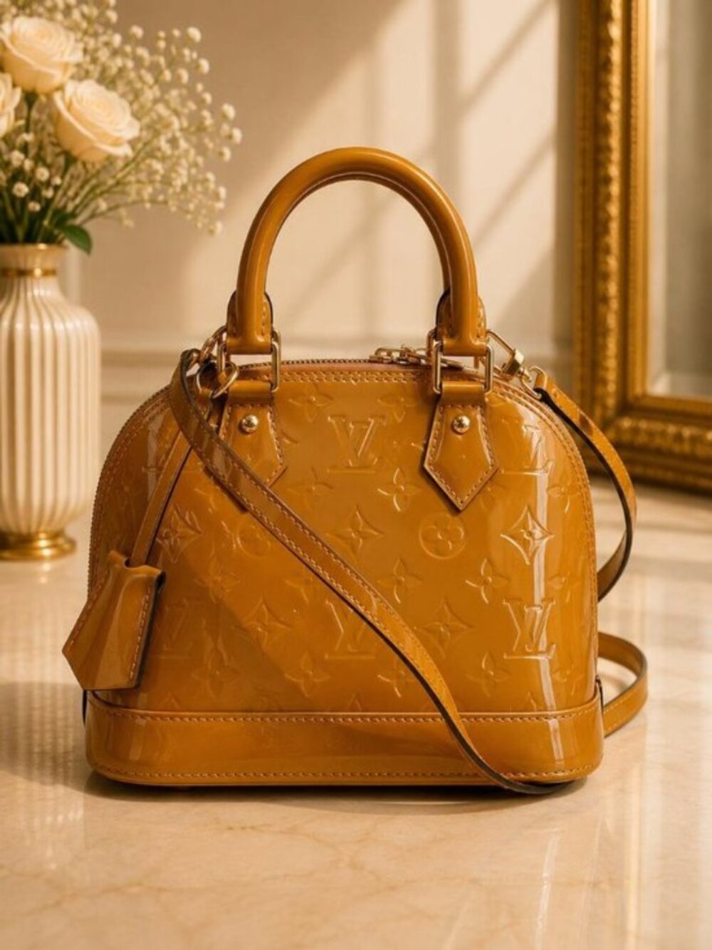 Authentic Louis Vuitton Alma BB Monogram Vernis Caramel Beige Crossbody Bag
